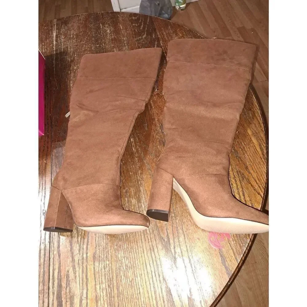 New 8.5E Wide Shoe Dazzle Brown Daisey High Block Chunky Heel Boots Over Knee